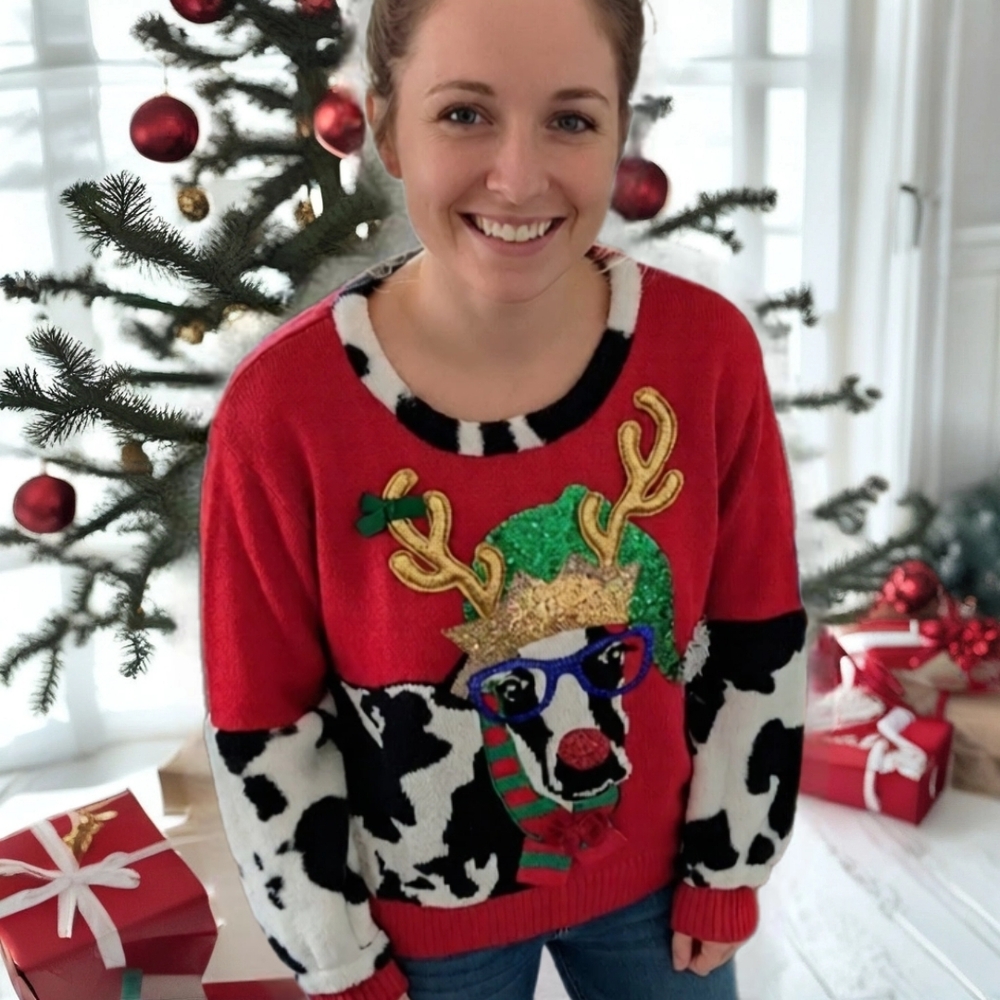 Festive Cow Ugly Christmas Sweater 33 Degress Size M